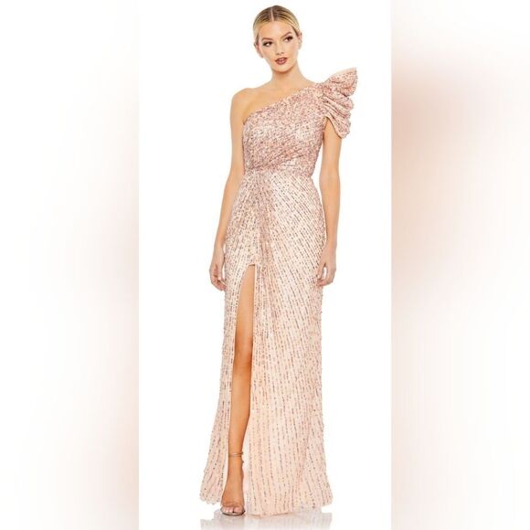 Mac Duggal EMBELLISHED PUFF ONE SHOULDER GOWN size 10 apricot NWT (5622) - Picture 1 of 8